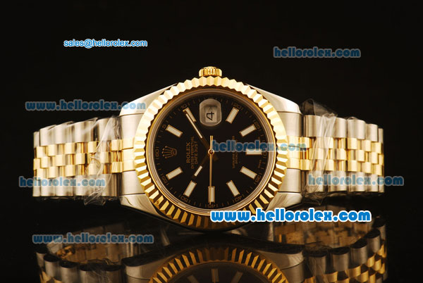 Rolex Datejust II Swiss ETA 2836 Automatic Full Steel with Yellow Gold Bezel and Black Dial-Stick Markers - Click Image to Close