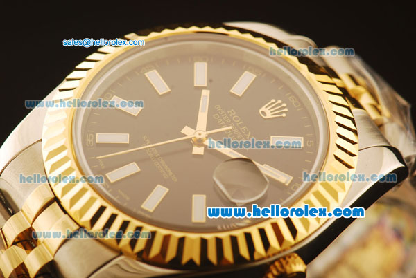 Rolex Datejust II Swiss ETA 2836 Automatic Full Steel with Yellow Gold Bezel and Black Dial-Stick Markers - Click Image to Close