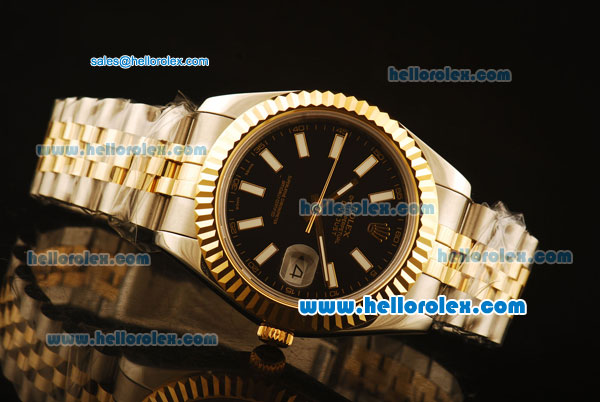 Rolex Datejust II Swiss ETA 2836 Automatic Full Steel with Yellow Gold Bezel and Black Dial-Stick Markers - Click Image to Close