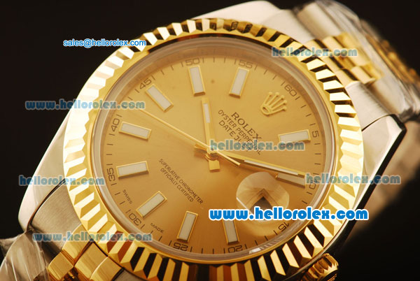 Rolex Datejust II Swiss ETA 2836 Automatic Full Steel with Yellow Gold Bezel and Rose Gold Dial-Stick Markers - Click Image to Close
