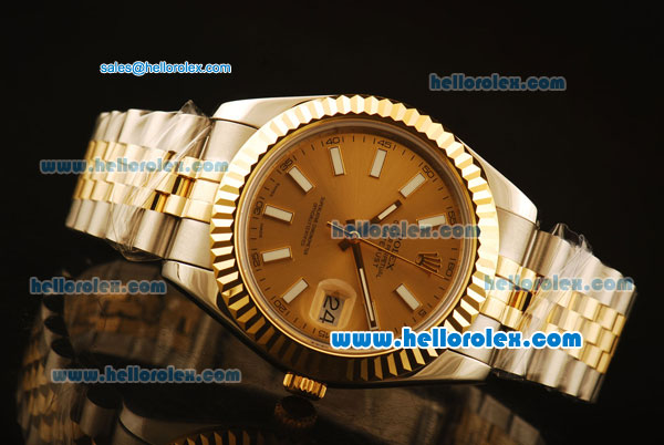 Rolex Datejust II Swiss ETA 2836 Automatic Full Steel with Yellow Gold Bezel and Rose Gold Dial-Stick Markers - Click Image to Close