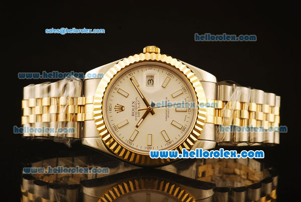 Rolex Datejust II Swiss ETA 2836 Automatic Full Steel with Yellow Gold Bezel and White Dial-Stick Markers - Click Image to Close