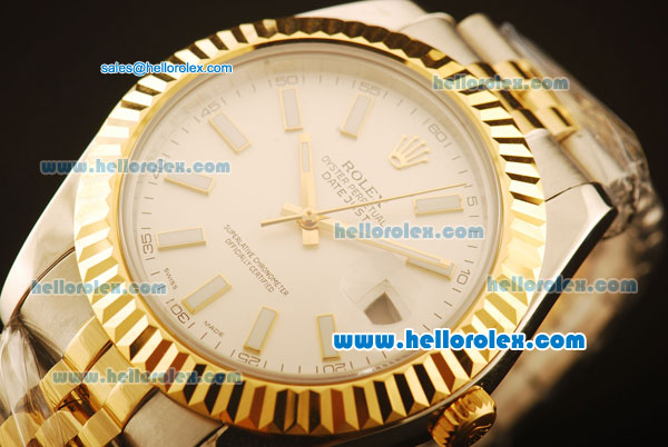 Rolex Datejust II Swiss ETA 2836 Automatic Full Steel with Yellow Gold Bezel and White Dial-Stick Markers - Click Image to Close