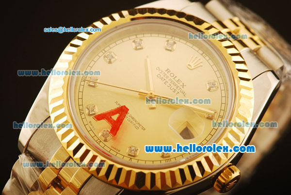 Rolex Datejust II Swiss ETA 2836 Automatic Full Steel with Yellow Gold Bezel and Yellow Gold Dial-Diamond Markers - Click Image to Close