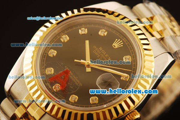 Rolex Datejust II Swiss ETA 2836 Automatic Full Steel with Yellow Gold Bezel and Black Dial-Diamond Markers - Click Image to Close