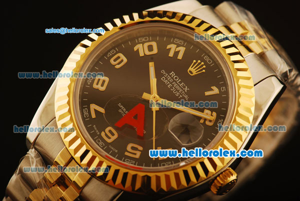 Rolex Datejust II Swiss ETA 2836 Automatic Full Steel with Yellow Gold Bezel and Black Dial-Two Tone Strap - Click Image to Close
