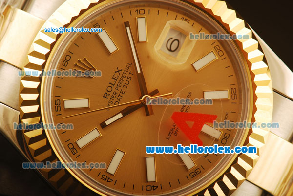 Rolex Datejust II Swiss ETA 2836 Automatic Full Steel with Yellow Gold Bezel and Gold Dial-Stick Markers - Click Image to Close