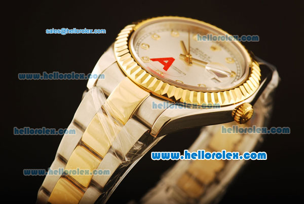 Rolex Datejust II Swiss ETA 2836 Automatic Full Steel with Yellow Gold Bezel and Silver Dial-Diamond Markers/Two Tone Strap - Click Image to Close