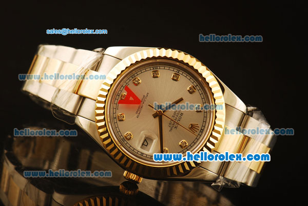 Rolex Datejust II Swiss ETA 2836 Automatic Full Steel with Yellow Gold Bezel and Silver Dial-Diamond Markers/Two Tone Strap - Click Image to Close