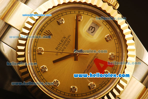 Rolex Datejust II Swiss ETA 2836 Automatic Full Steel with Yellow Gold Bezel and Gold Dial-Diamond Markers/Two Tone Strap - Click Image to Close
