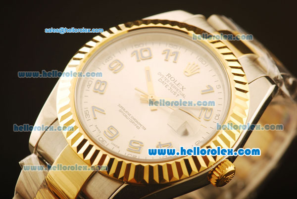 Rolex Datejust II Swiss ETA 2836 Automatic Full Steel with Yellow Gold Bezel and Silver Dial-Grey Numeral Markers/Two Tone Strap - Click Image to Close