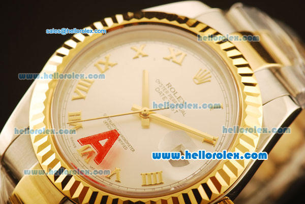 Rolex Datejust II Swiss ETA 2836 Automatic Full Steel with Yellow Gold Bezel and Silver Dial-Roman Markers/Two Tone Strap - Click Image to Close
