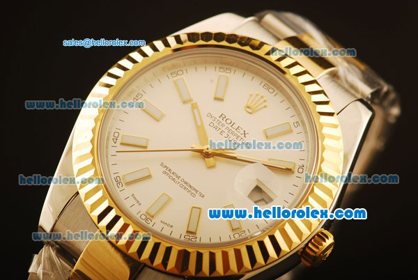 Rolex Datejust II Swiss ETA 2836 Automatic Full Steel with Yellow Gold Bezel and White Dial-White Stick Markers/Two Tone Strap - Click Image to Close