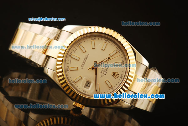Rolex Datejust II Swiss ETA 2836 Automatic Full Steel with Yellow Gold Bezel and White Dial-White Stick Markers/Two Tone Strap - Click Image to Close