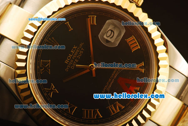 Rolex Datejust II Swiss ETA 2836 Automatic Full Steel with Yellow Gold Bezel and Black Dial-Gold Roman Markers - Click Image to Close