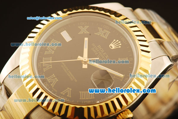 Rolex Datejust II Swiss ETA 2836 Automatic Full Steel with Yellow Gold Bezel and Black Dial-Roman Markers/Two Tone Strap - Click Image to Close