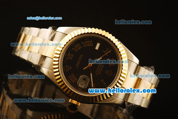 Rolex Datejust II Swiss ETA 2836 Automatic Full Steel with Yellow Gold Bezel and Black Dial-Roman Markers/Two Tone Strap - Click Image to Close