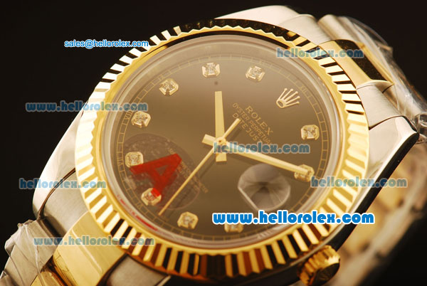 Rolex Datejust II Swiss ETA 2836 Automatic Full Steel with Yellow Gold Bezel and Black Dial-Diamond Markers/Two Tone Strap - Click Image to Close