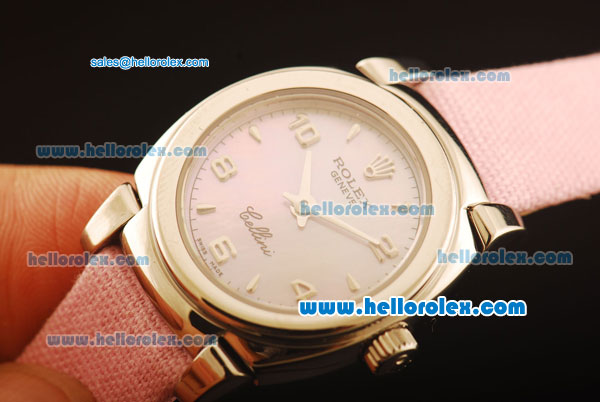 Rolex Cellini Swiss Quartz Steel Case with Pink MOP Dial and Numeral Markers-Pink Leather Strap - Click Image to Close