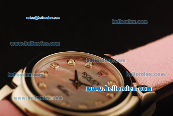 Rolex Cellini Swiss Quartz Steel Case with Pink MOP Dial and Diamond Markers-Pink Leather Strap - Click Image to Close