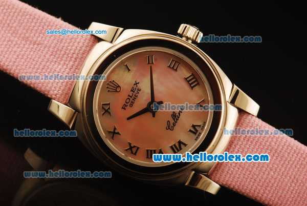 Rolex Cellini Swiss Quartz Steel Case with Pink MOP Dial and Roman Markers-Pink Leather Strap - Click Image to Close