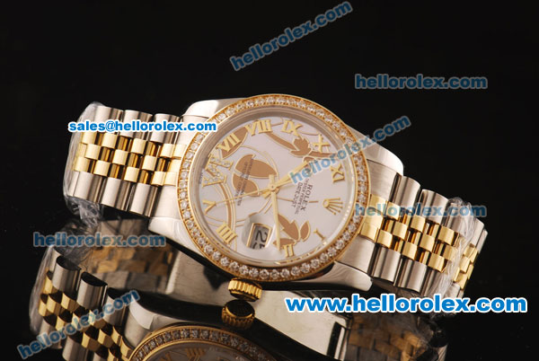 Rolex Datejust Asia 2813 Automatic Full Steel Case with Yellow Gold/Diamond Bezel and White MOP Dial-Two Tone Strap - Click Image to Close