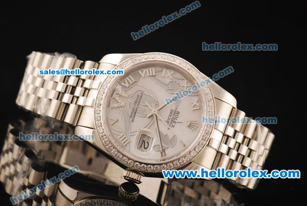 Rolex Datejust Swiss ETA 2836 Automatic Full Steel with Diamond Bezel and White MOP Dial-Silver Roman Markers - Click Image to Close
