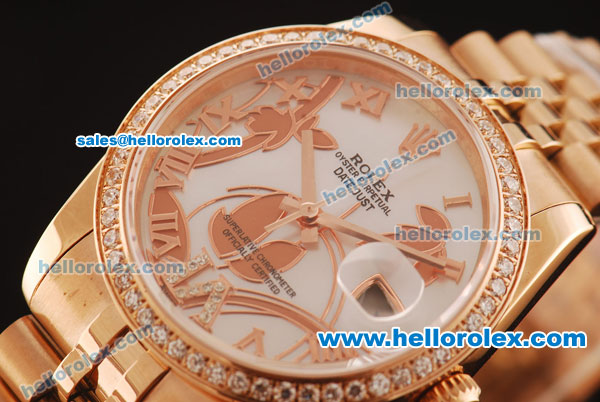 Rolex Datejust Asia 2813 Automatic Full Rose Gold with Diamond Bezel and White MOP Dial-Silver Roman Markers - Click Image to Close