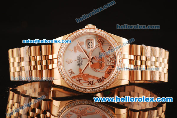 Rolex Datejust Swiss ETA 2836 Automatic Full Rose Gold with Diamond Bezel and White MOP Dial-Silver Roman Markers - Click Image to Close