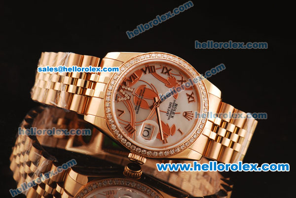 Rolex Datejust Swiss ETA 2836 Automatic Full Rose Gold with Diamond Bezel and White MOP Dial-Silver Roman Markers - Click Image to Close