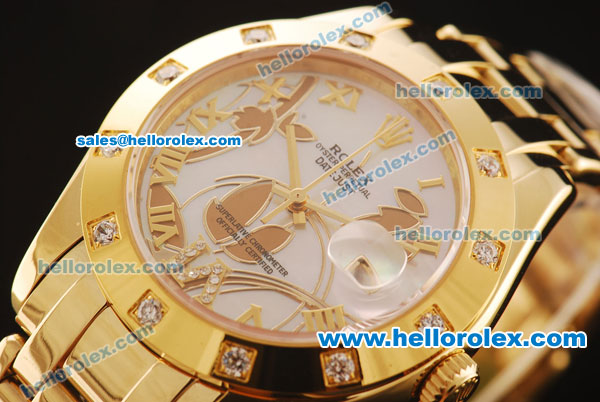 Rolex Datejust Swiss ETA 2836 Automatic Full Yellow Gold with 12 Diamonds Bezel and White MOP Dial - Click Image to Close