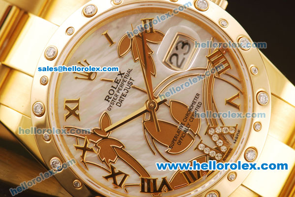 Rolex Datejust Swiss ETA 2836 Automatic Full Yellow Gold with Diamonds Bezel and White MOP Dial - Click Image to Close