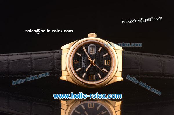 Rolex Datejust Swiss ETA 2836 Automatic Rose Gold Case with Black Dial and Black Leather Strap - Click Image to Close