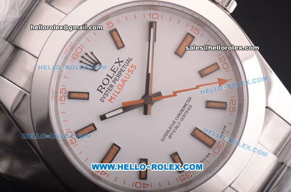 Rolex Milgauss Rolex 3131 Full Steel with White Dial and Orange Stick Markers - Click Image to Close