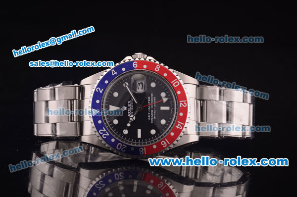 Rolex GMT Master Vintage Swiss ETA 2836 Automatic Blue/Red Bezel with Black Dial and Steel Bracelet - Click Image to Close