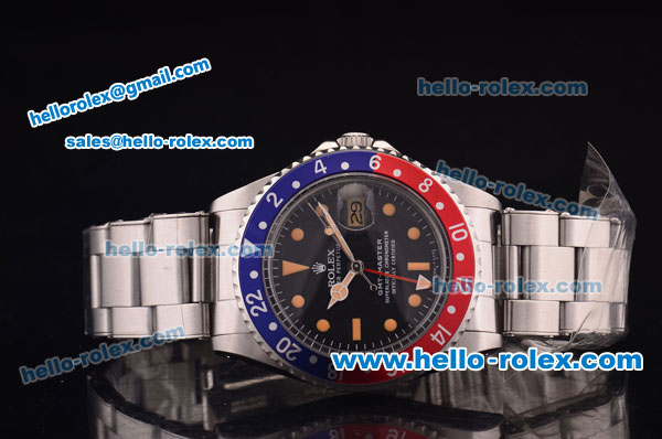 Rolex GMT Master Vintage Asia 2813 Automatic Blue/Red Bezel with Black Dial and Steel Bracelet-Orange Markers - Click Image to Close