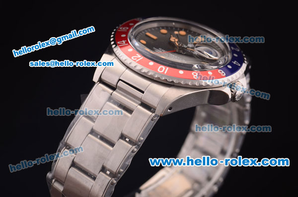Rolex GMT Master Vintage Swiss ETA 2836 Automatic Blue/Red Bezel with Black Dial and Steel Bracelet-Orange Markers - Click Image to Close
