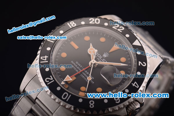 Rolex GMT Master Vintage Asia 2813 Automatic Black Bezel with Black Dial and Steel Bracelet-Orange Markers - Click Image to Close