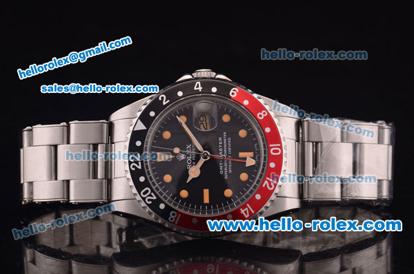 Rolex GMT Master Vintage Asia 2813 Automatic Black/Red Bezel with Black Dial and Steel Bracelet-Orange Markers - Click Image to Close