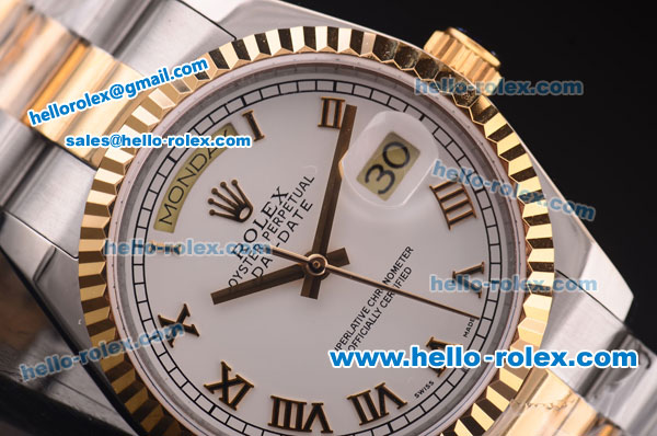 Rolex Day-Date Swiss ETA 2836 Automatic Two Tone Case with White Dial and Roman Markers - Click Image to Close