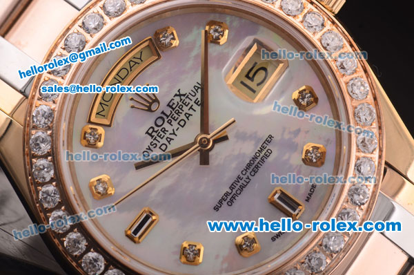 Rolex Day-Date Swiss ETA 2836 Automatic Two Tone Case with Diamond Bezel and MOP Dial-Diamond Markers - Click Image to Close