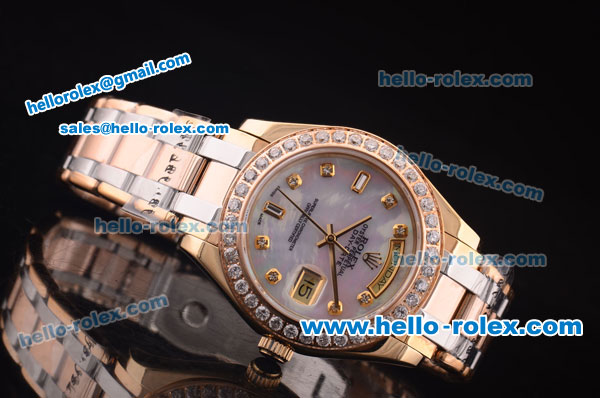 Rolex Day-Date Swiss ETA 2836 Automatic Two Tone Case with Diamond Bezel and MOP Dial-Diamond Markers - Click Image to Close