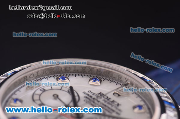 Rolex Daytona Chronograph Swiss Valjoux 7750 Automatic Steel Case with Diamond Bezel and White Dial-Blue Leather Strap - Click Image to Close