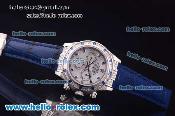 Rolex Daytona Chronograph Swiss Valjoux 7750 Automatic Steel Case with Diamond Bezel and White Dial-Blue Leather Strap - Click Image to Close