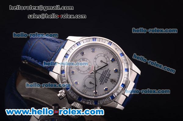 Rolex Daytona Chronograph Swiss Valjoux 7750 Automatic Steel Case with Diamond Bezel and White Dial-Blue Leather Strap - Click Image to Close