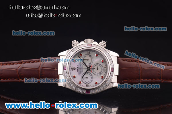 Rolex Daytona Chronograph Swiss Valjoux 7750 Automatic Steel Case with Diamond Bezel and White MOP Dial-Brown Leather Strap - Click Image to Close
