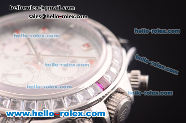 Rolex Daytona Chronograph Swiss Valjoux 7750 Automatic Steel Case with Diamond Bezel and MOP Dial-White Leather Strap - Click Image to Close
