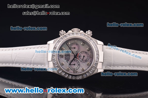 Rolex Daytona Chronograph Swiss Valjoux 7750 Automatic Steel Case with Diamond Bezel/Markers and MOP Dial-White Leather Strap - Click Image to Close