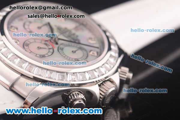 Rolex Daytona Chronograph Swiss Valjoux 7750 Automatic Steel Case with Diamond Bezel/Markers and MOP Dial-White Leather Strap - Click Image to Close