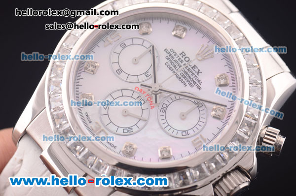 Rolex Daytona Chronograph Swiss Valjoux 7750 Automatic Steel Case with Diamond Bezel/Markers and MOP Dial-White Leather Strap - Click Image to Close